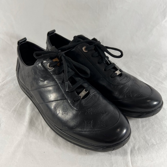LOUIS VUITTON Monogram Black Leather Mens Logo sneakers Marked as 10.5 11.5US - Picture 5 of 15